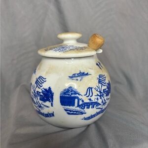 Vintage Blue Willow Blue and White Ceramic Honey Pot with Wooden Dipper